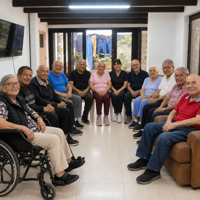 Residentes del hogar con una auxiliar, sentados en la sala de la casa de Laureles